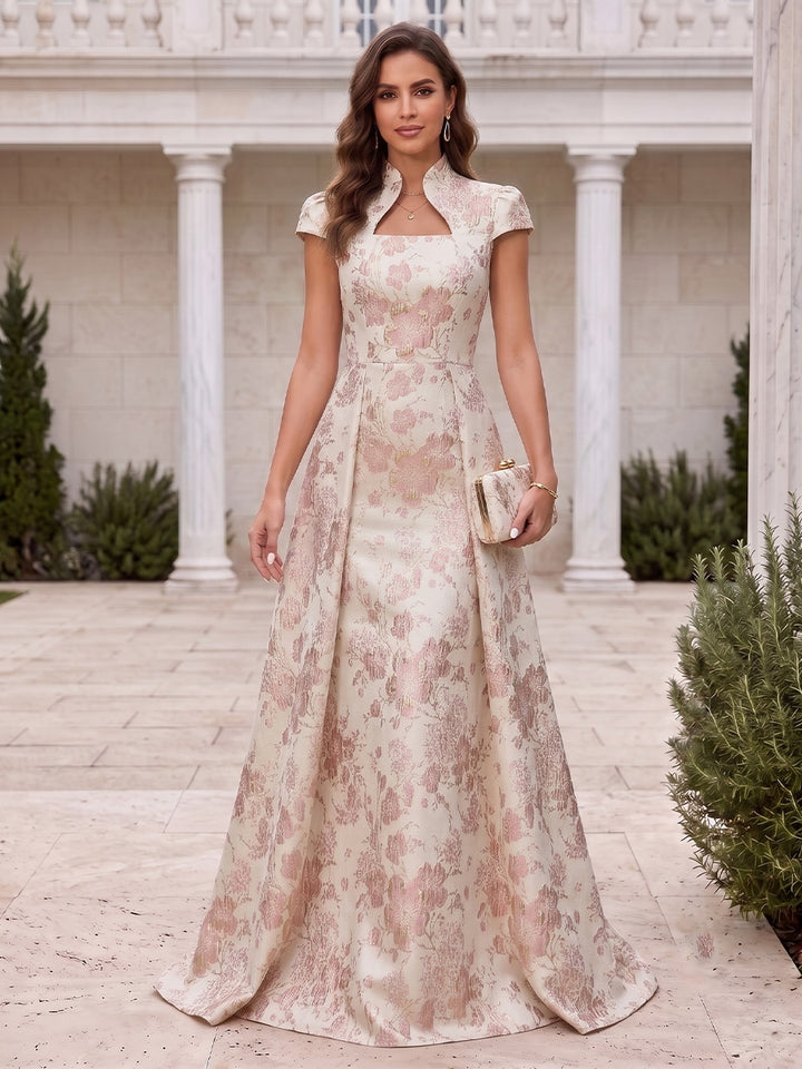 Satin Jacquard A Line Stand Collar Jacquard Evening Dresses