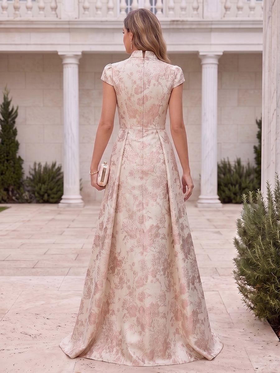 Satin Jacquard A Line Stand Collar Jacquard Evening Dresses