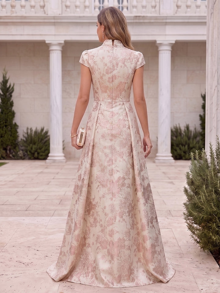 Satin Jacquard A Line Stand Collar Jacquard Evening Dresses