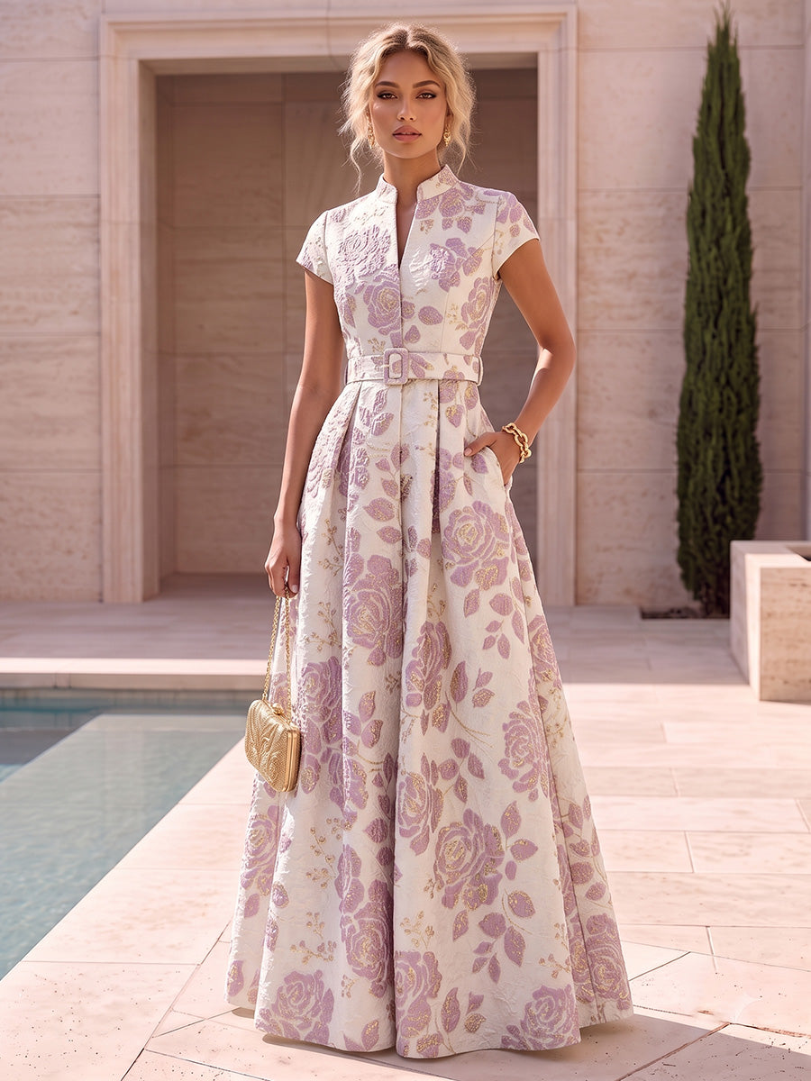 Satin Jacquard A Line V Neck Jacquard Evening Dresses