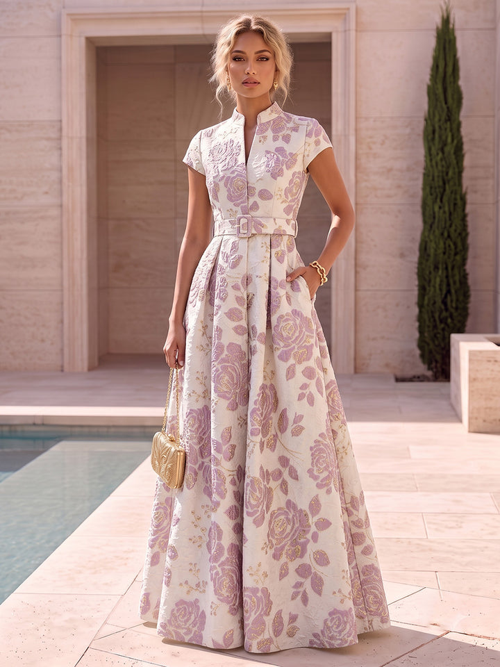 Satin Jacquard A Line V Neck Jacquard Evening Dresses