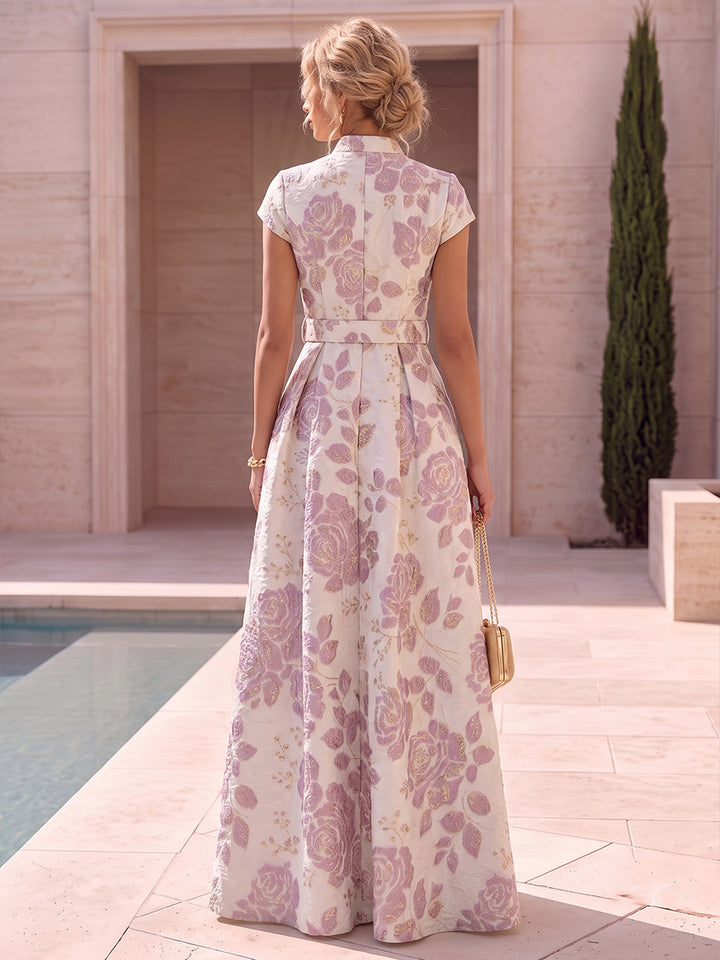 Satin Jacquard A Line V Neck Jacquard Evening Dresses