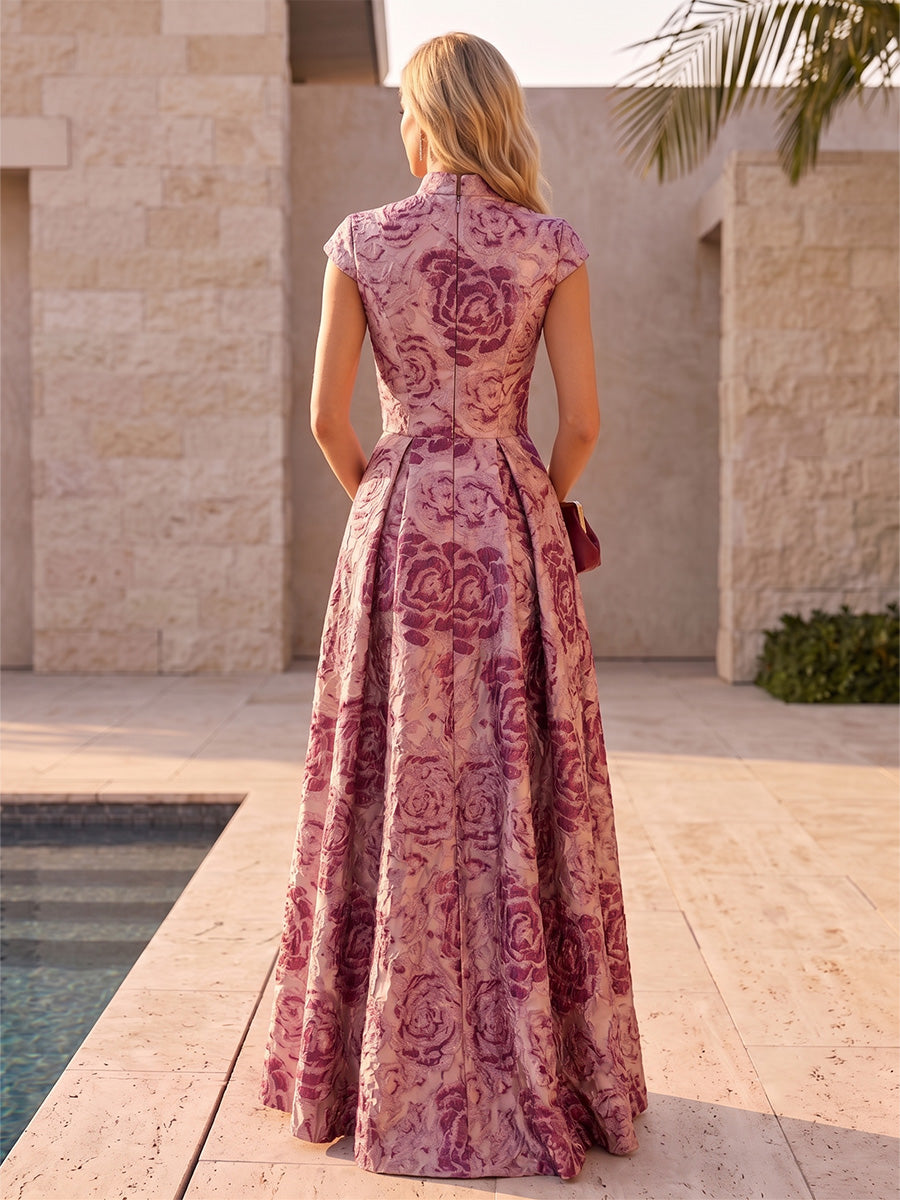 Satin Jacquard A Line Stand Collar Jacquard High Waist Evening Dresses