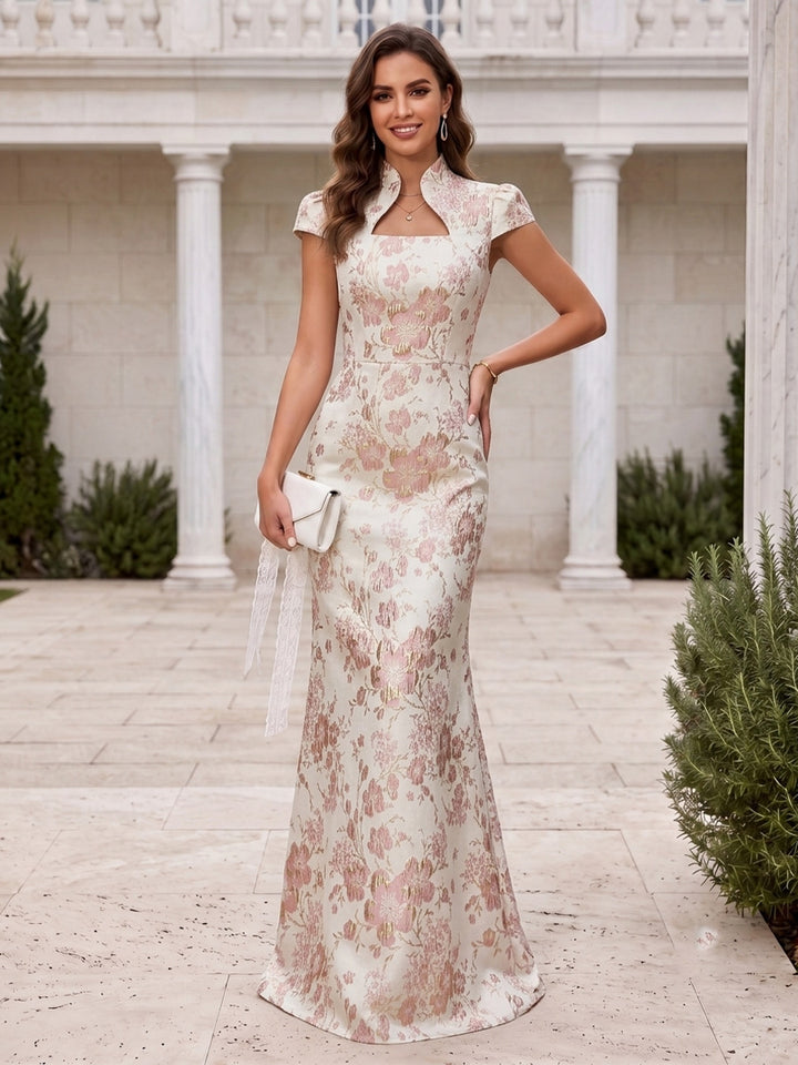 Satin Jacquard Mermaid Stand Collar Jacquard Evening Dresses