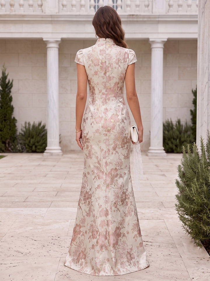 Satin Jacquard Mermaid Stand Collar Jacquard Evening Dresses