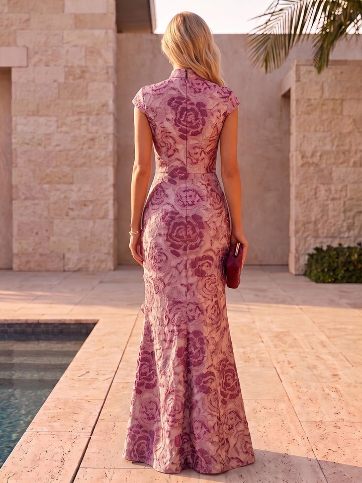 Satin Jacquard Mermaid Stand Collar Jacquard Evening Dresses
