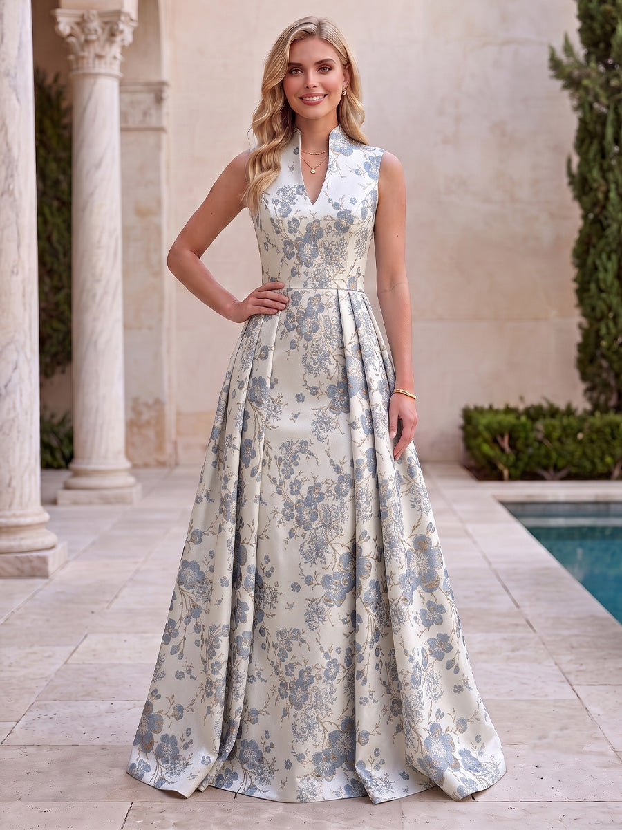 Satin Jacquard A Line V Neck Jacquard Evening Dresses