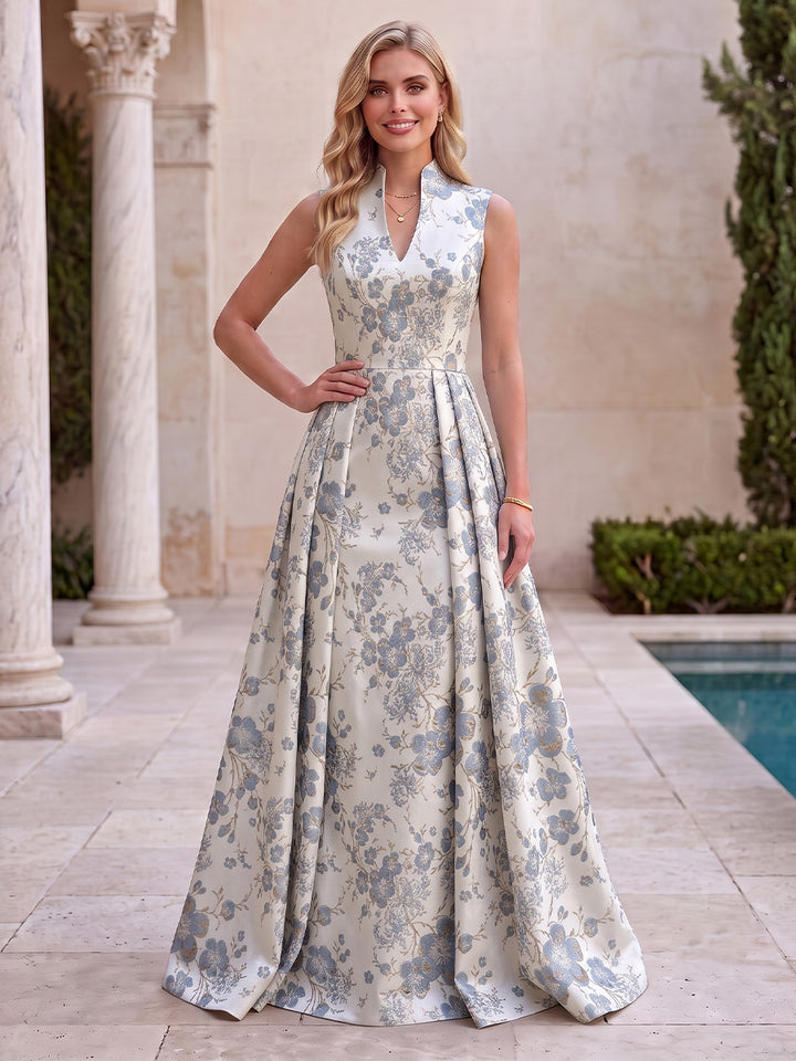 Satin Jacquard A Line V Neck Jacquard Evening Dresses