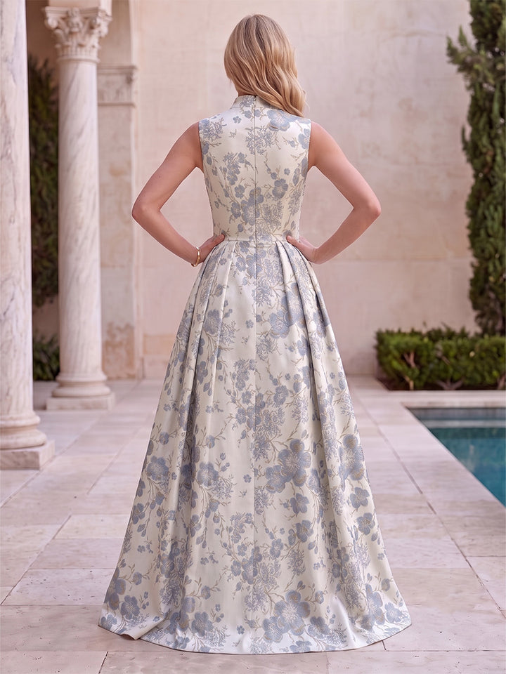 Satin Jacquard A Line V Neck Jacquard Evening Dresses