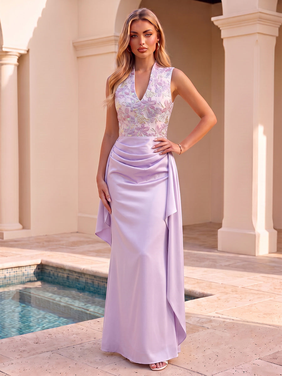Satin Jacquard Mermaid V Neck Jacquard Side Drape Evening Dresses