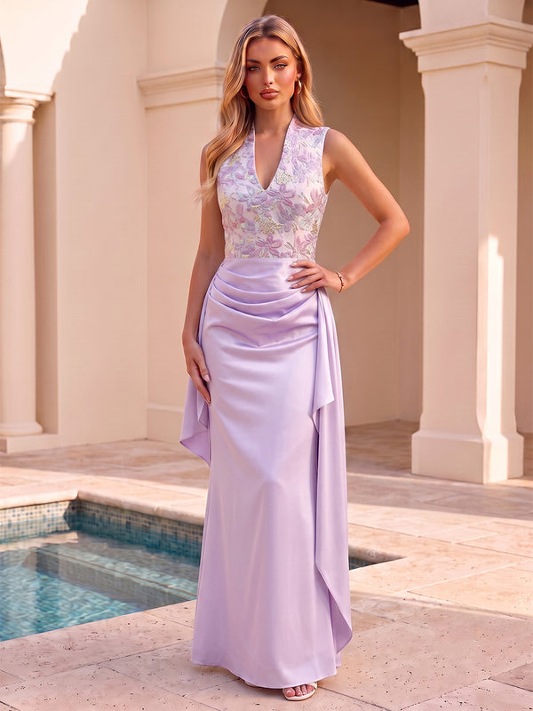 Satin Jacquard Mermaid V Neck Jacquard Side Drape Evening Dresses