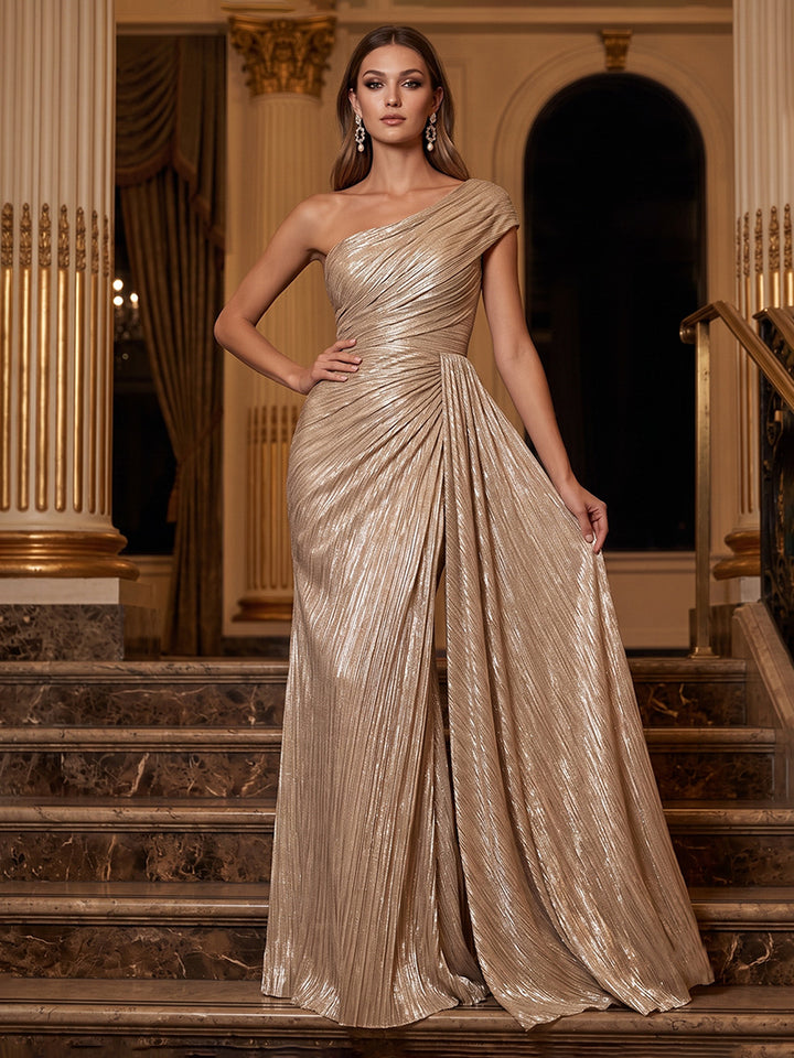 Metallic Satin A Line One Shoulder Metallic Lamé Fabric Pleated Evening Dresses