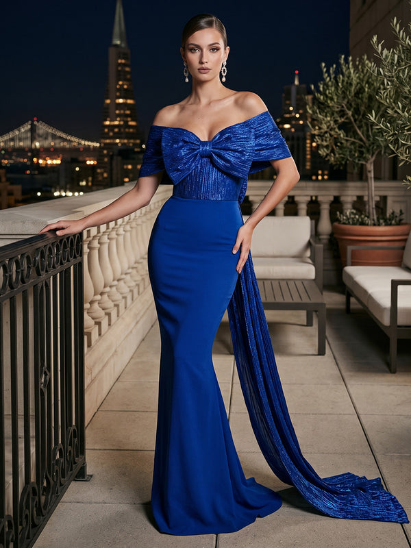 Metallic Satin Mermaid Off the Shoulder Pleats Sash Evening Dresses