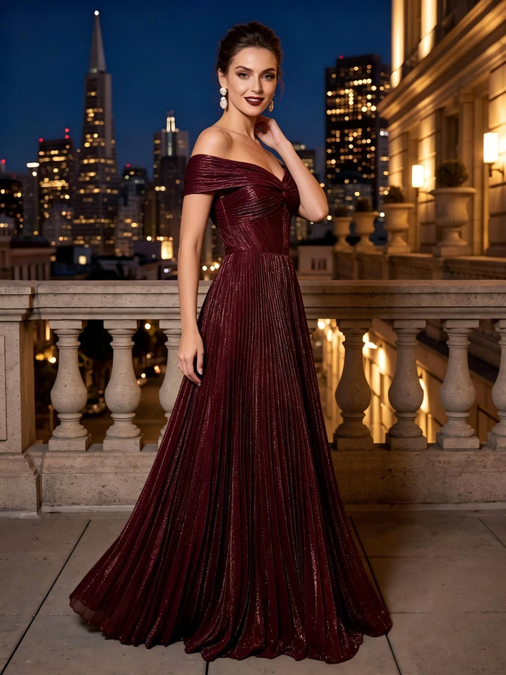 Metallic Satin A Line Off the Shoulder corset waist Deep V Backless Evening Dresses