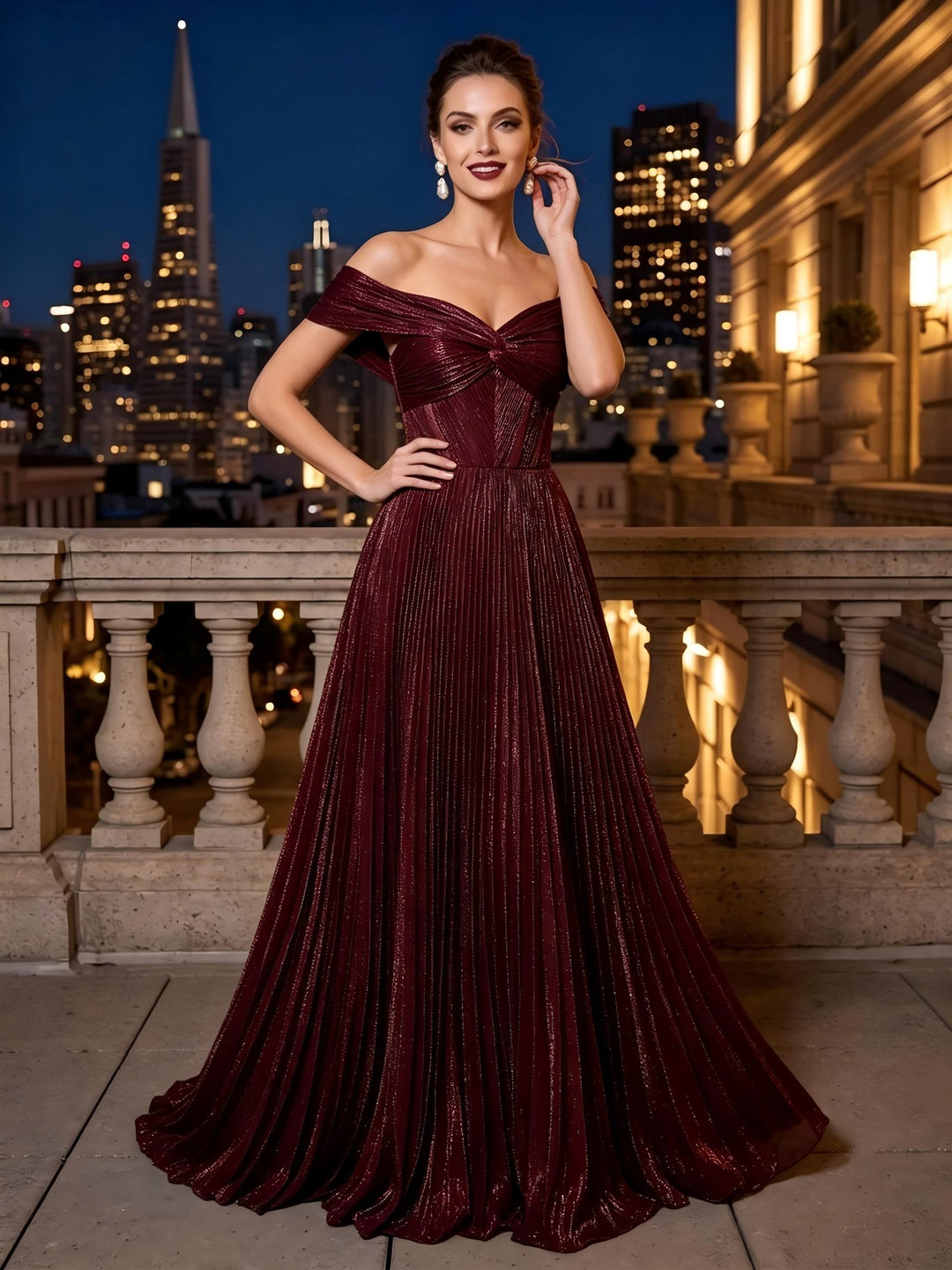 Metallic Satin A Line Off the Shoulder corset waist Deep V Backless Evening Dresses