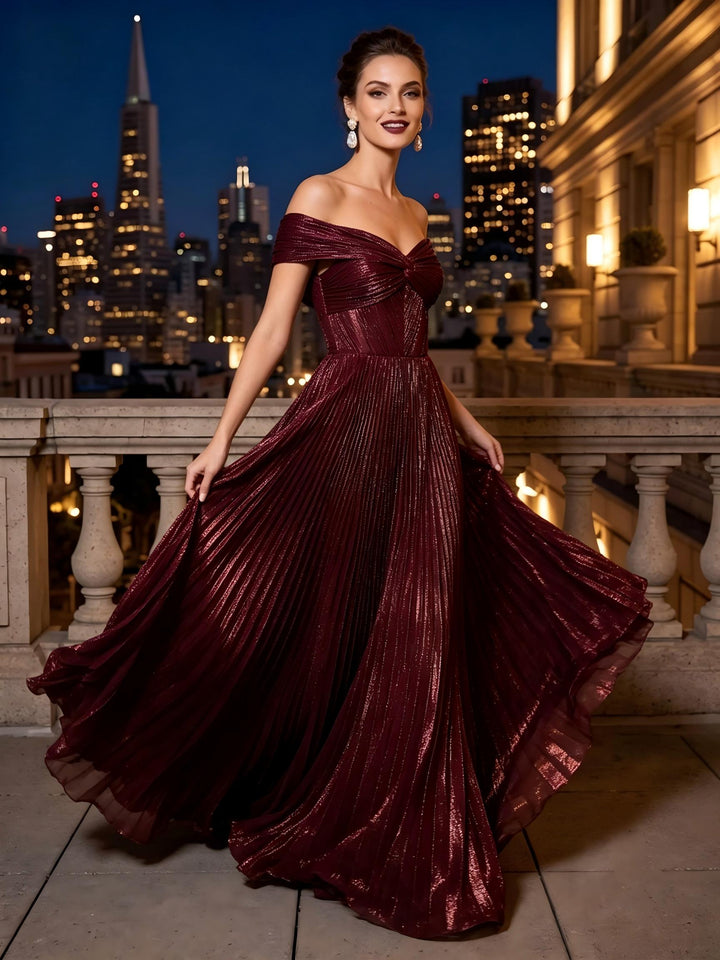 Metallic Satin A Line Off the Shoulder corset waist Deep V Backless Evening Dresses