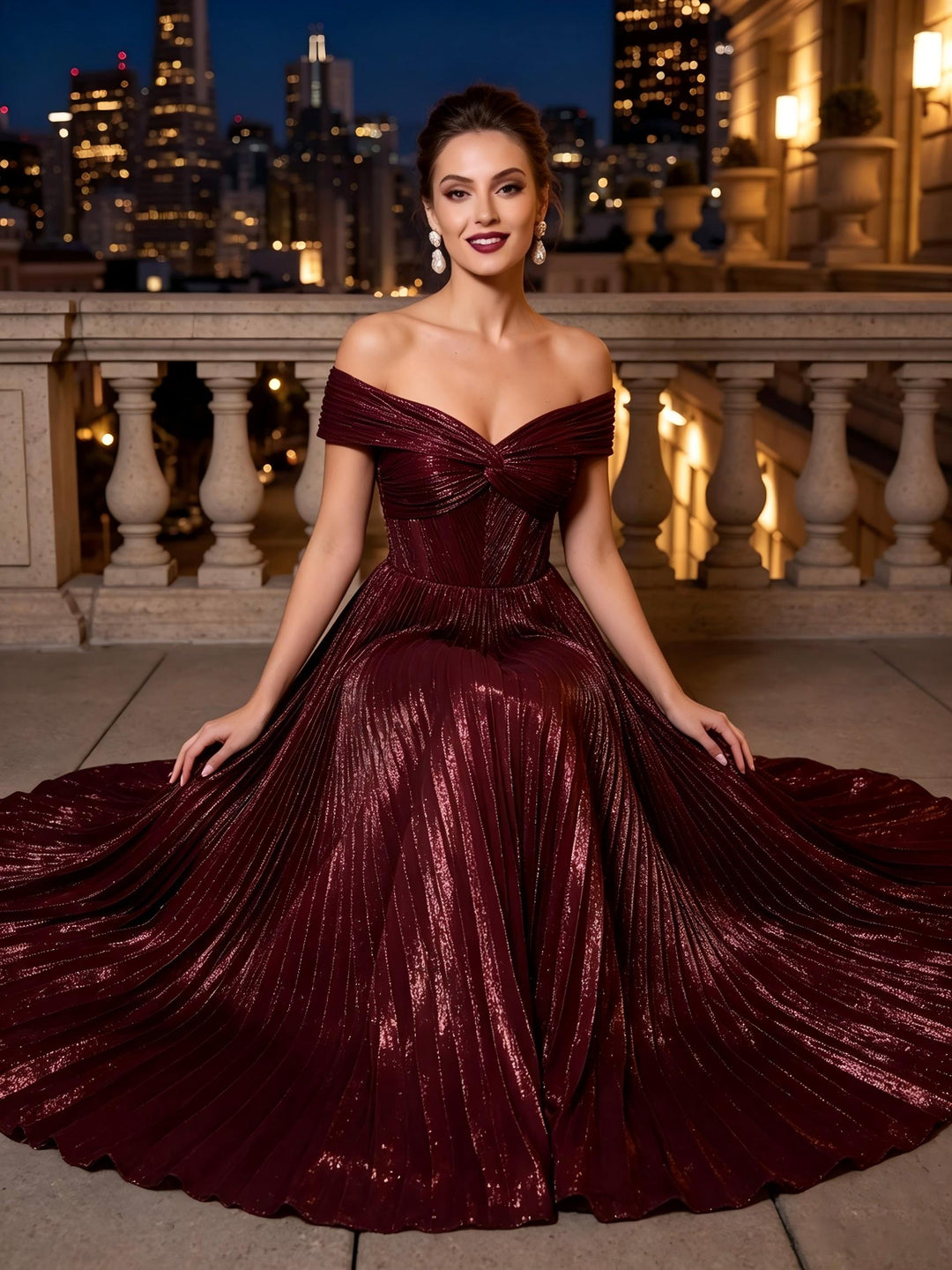 Metallic Satin A Line Off the Shoulder corset waist Deep V Backless Evening Dresses