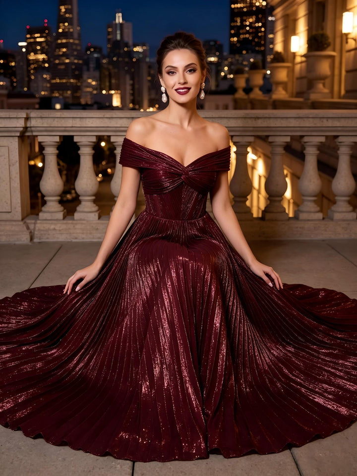 Metallic Satin A Line Off the Shoulder corset waist Deep V Backless Evening Dresses