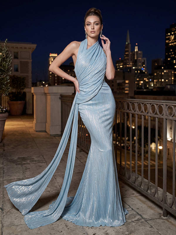 Metallic Satin Mermaid Halter Pleats Long Train Evening Dresses