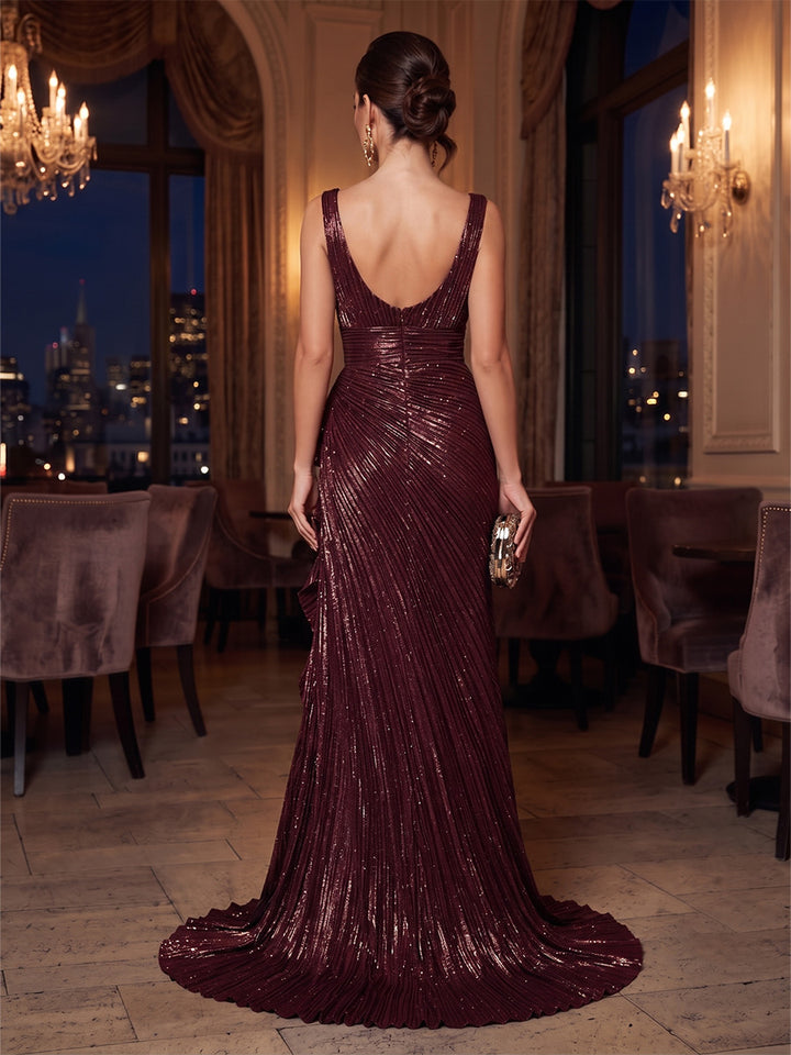 Metallic Satin Mermaid Square Neck Ruched Side Slit Evening Dresses
