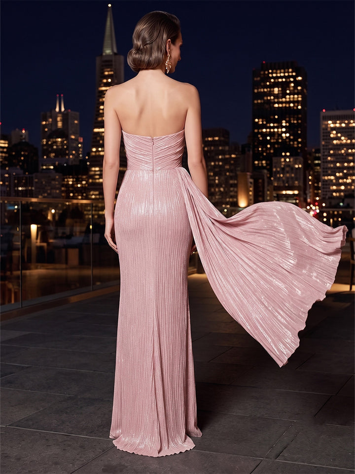 Metallic Satin Mermaid Strapless Side Slit Side Drape Evening Dresses