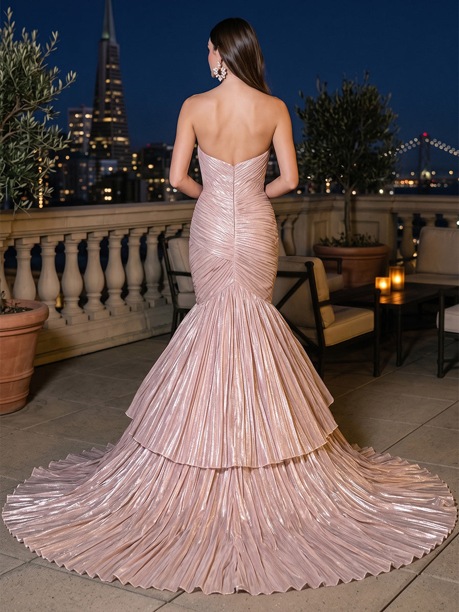 Metallic Satin Mermaid Strapless Tiered Ruched Bodycon Evening Dresses