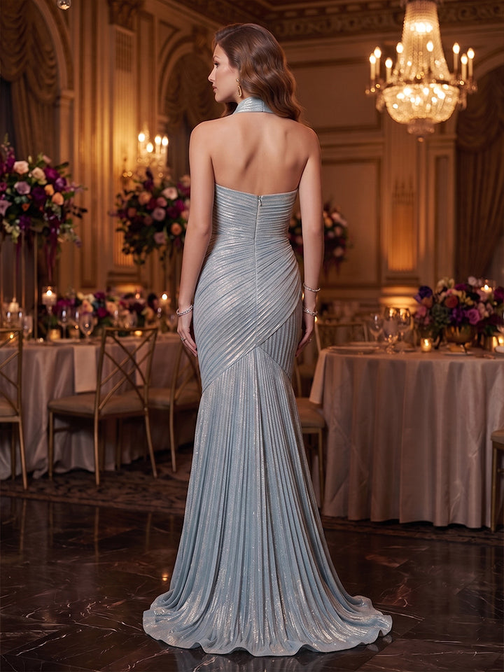 Metallic Satin Mermaid Halter Pleats Ruched Bodycon Evening Dresses