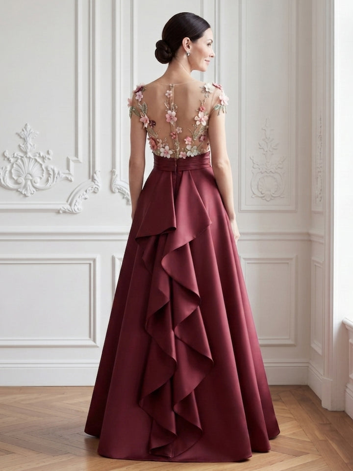 Satin A Line Jewel Neck Ruffles Applique Evening Dresses
