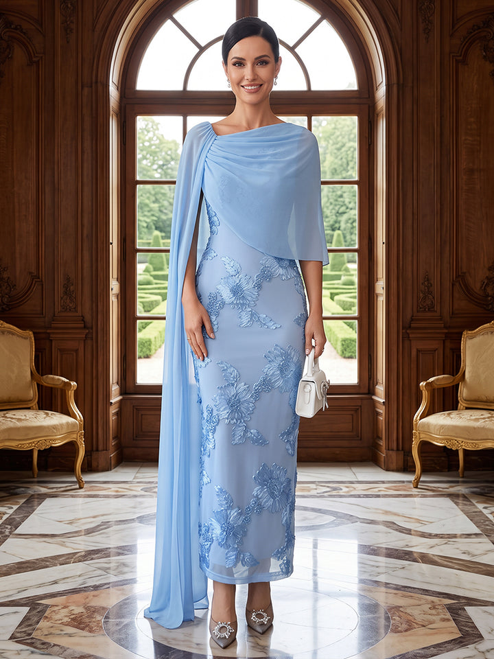 Tulle Mermaid Cowl Neck with Cape Side Drape Evening Dresses