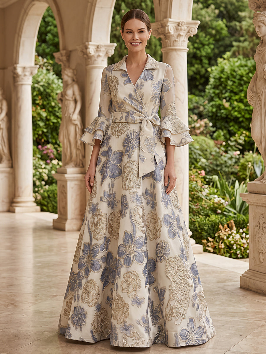 Jacquard A Line Lapel Collar Ruffles Sleeves Evening Dresses