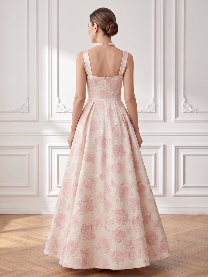Jacquard A Line Square Neck Spaghetti Straps Evening Dresses