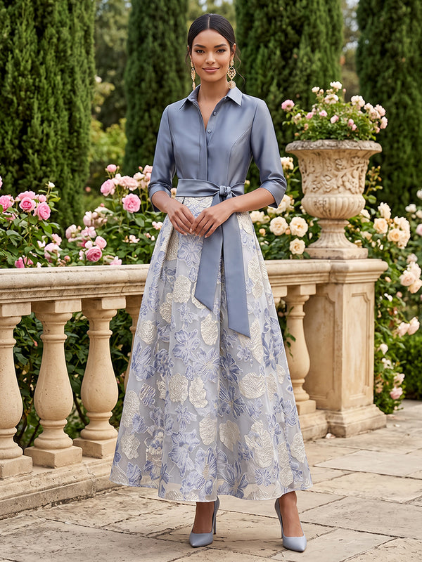 Satin A Line Lapel Collar Floral Embroidery Evening Dresses