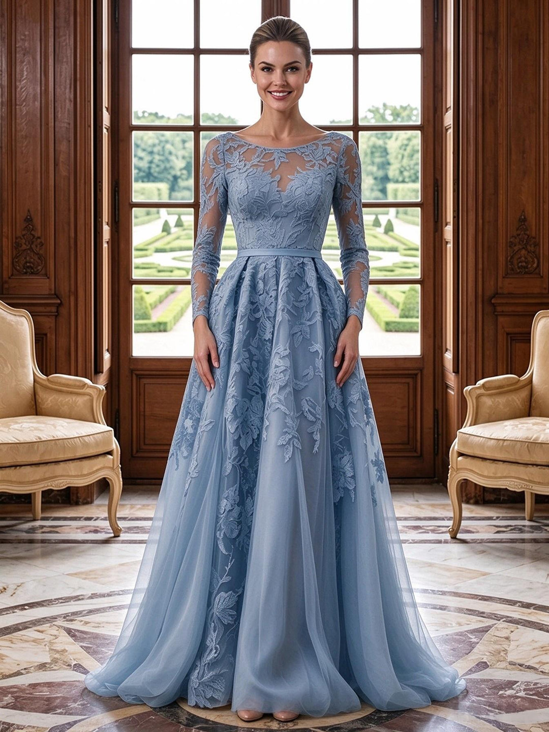 Tulle A Line Jewel Neck Lace Appliques Floral Mother of the Bride Dresses