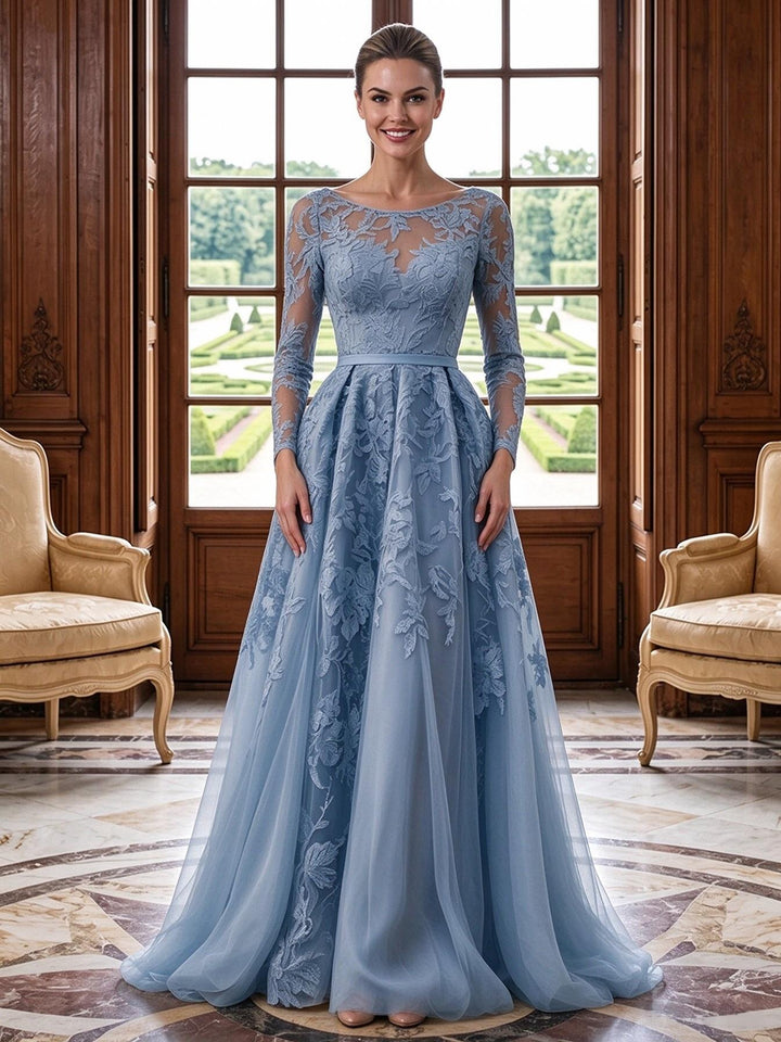 Tulle A Line Jewel Neck Lace Appliques Floral Mother of the Bride Dresses