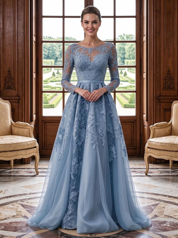 Tulle A Line Jewel Neck Lace Appliques Floral Mother of the Bride Dresses