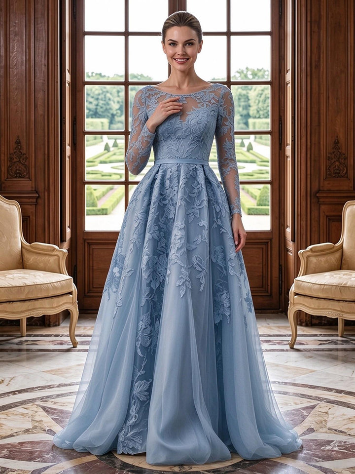 Tulle A Line Jewel Neck Lace Appliques Floral Mother of the Bride Dresses