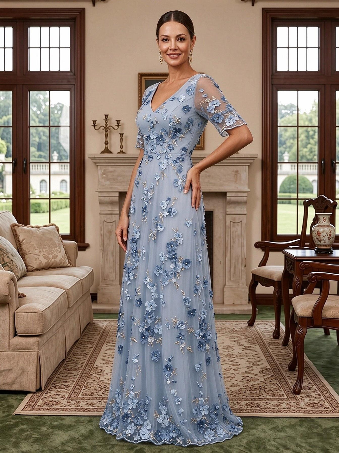Tulle A Line V Neck Embroidery Mother of the Bride Dresses