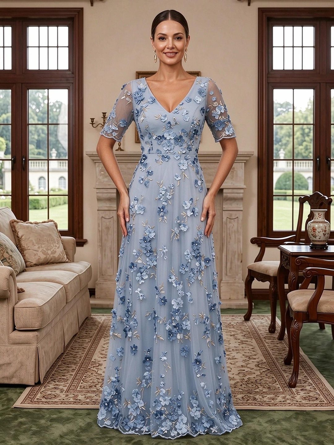 Tulle A Line V Neck Embroidery Mother of the Bride Dresses