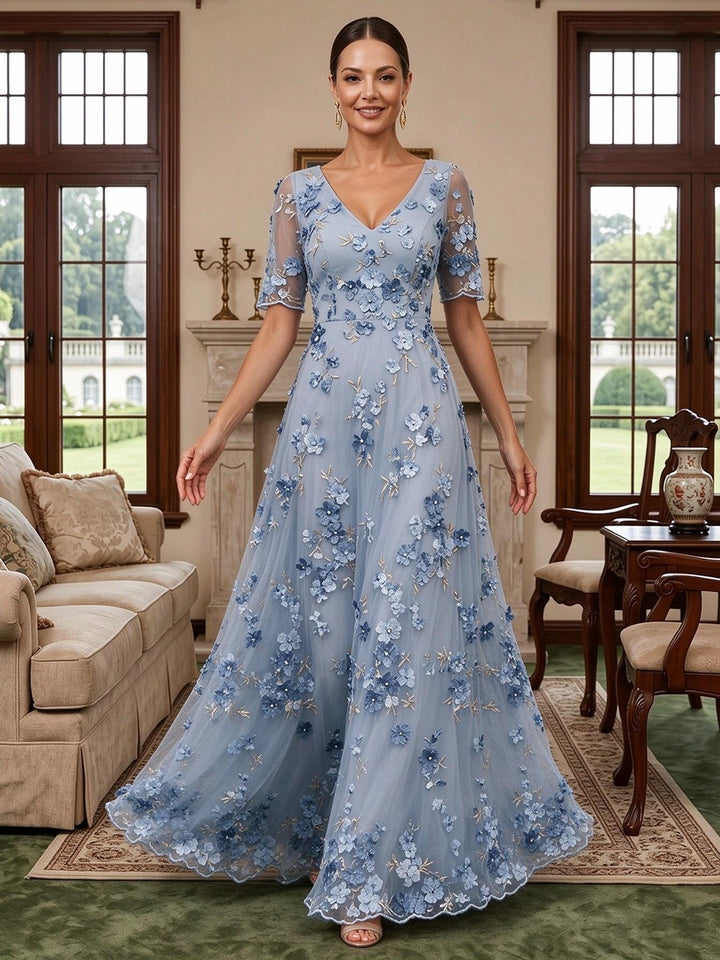 Tulle A Line V Neck Embroidery Mother of the Bride Dresses