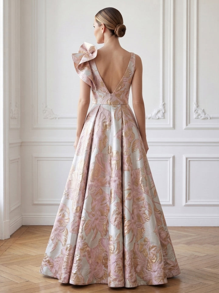 Jacquard A Line V Neck High Waist Evening Dresses