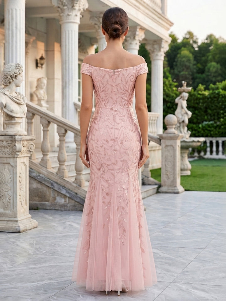 Sequin Floral Mermaid Off the Shoulder Sequin Embroidery Evening Dresses