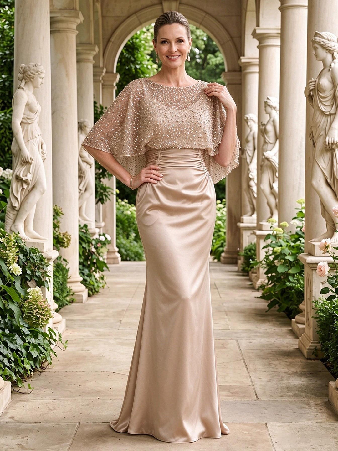 Satin Mermaid Jewel Neck Ruched Waist Cap Mother of the Bride Dresses