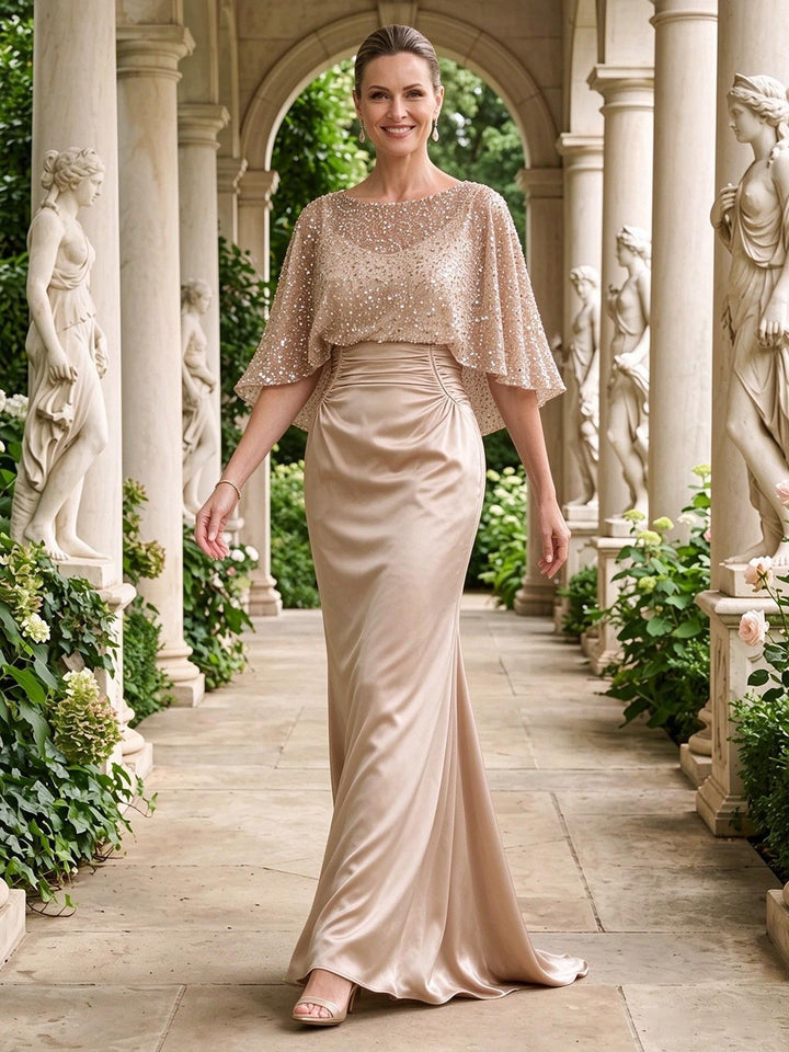 Satin Mermaid Jewel Neck Ruched Waist Cap Mother of the Bride Dresses