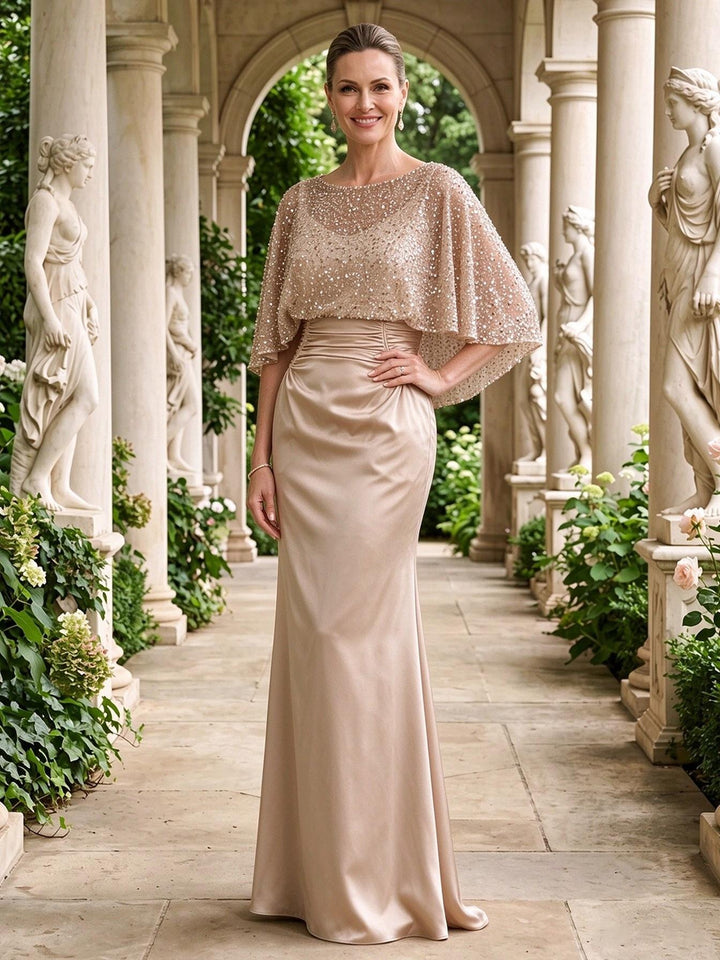 Satin Mermaid Jewel Neck Ruched Waist Cap Mother of the Bride Dresses