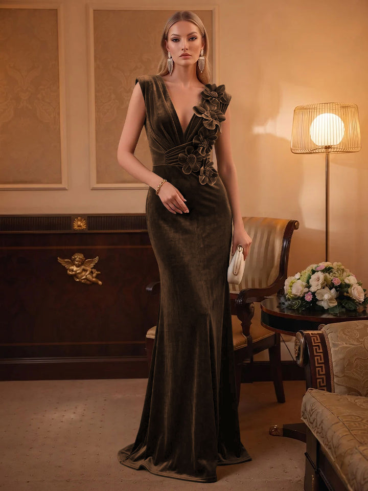 Velvet Mermaid V Neck Ruched Waist Evening Dresses