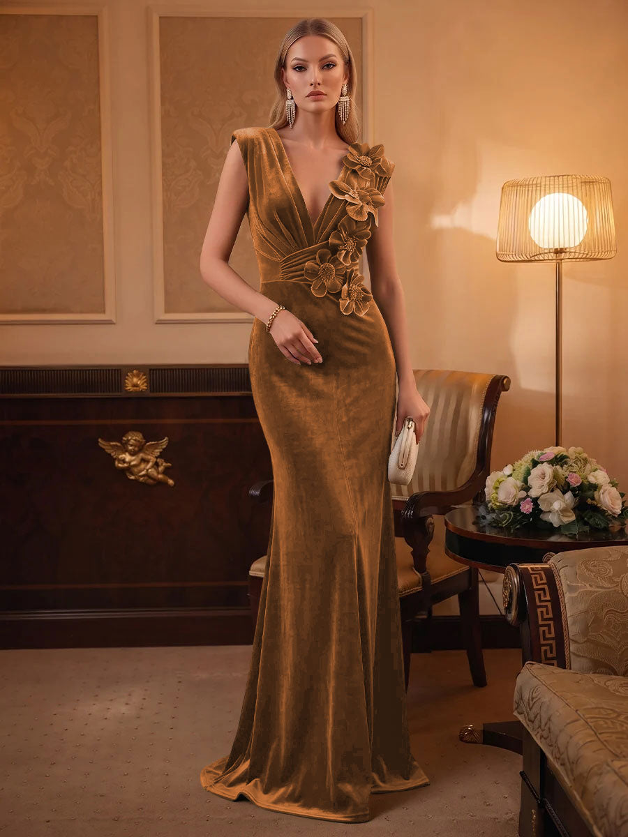 Velvet Mermaid V Neck Ruched Waist Evening Dresses
