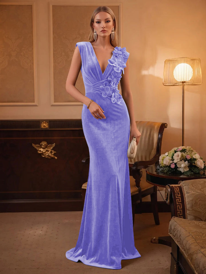 Velvet Mermaid V Neck Ruched Waist Evening Dresses