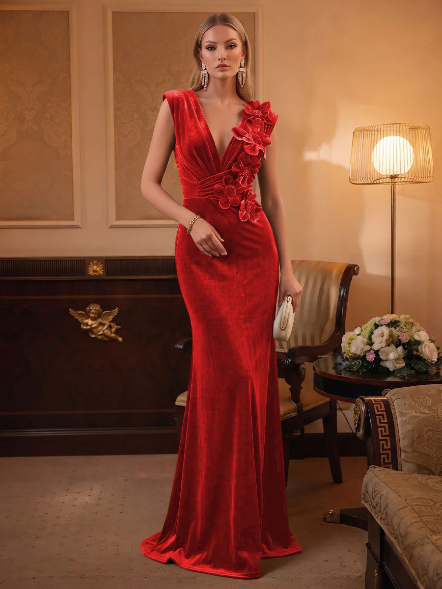Velvet Mermaid V Neck Ruched Waist Evening Dresses