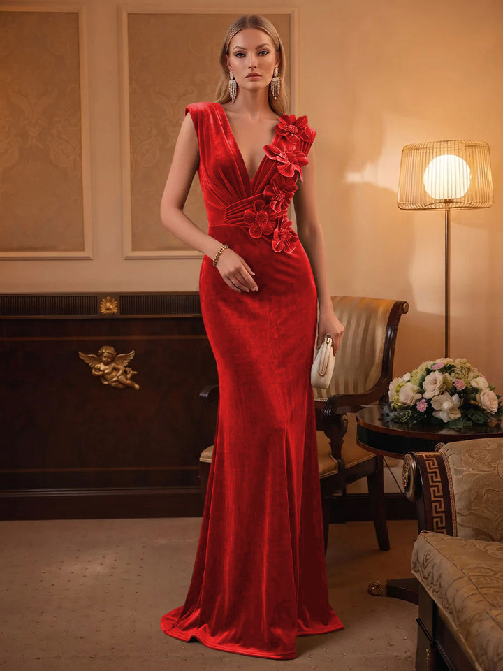Velvet Mermaid V Neck Ruched Waist Evening Dresses