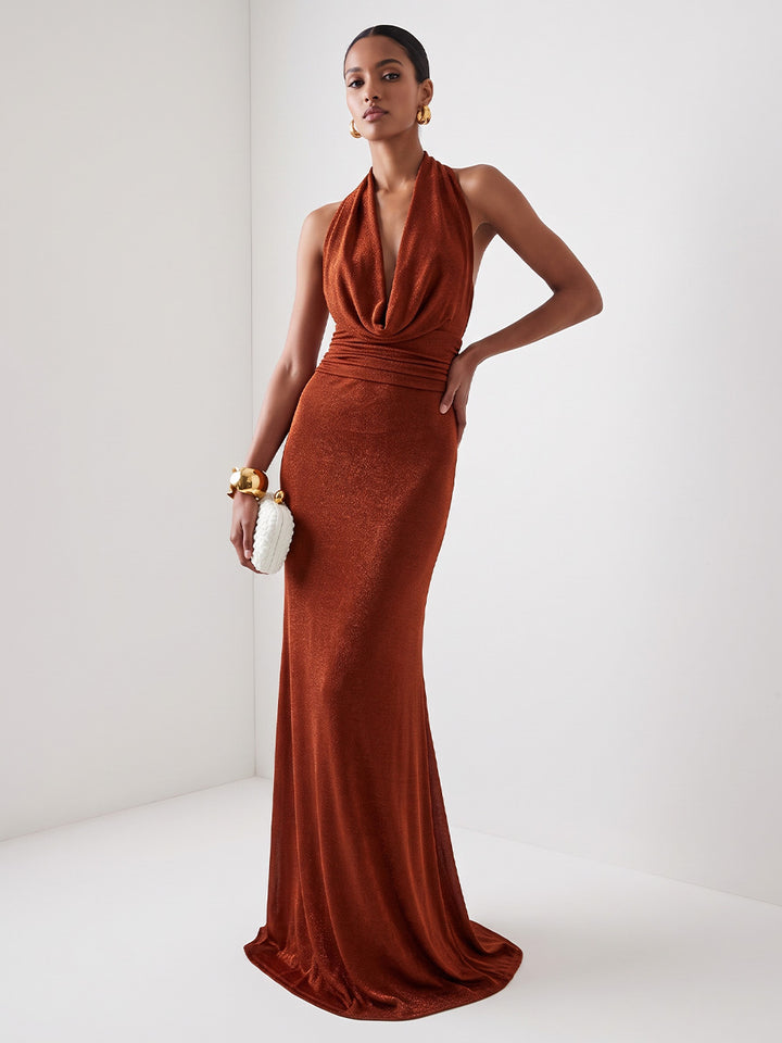 Velvet Sheath Cowl Neck Floor Length Ruched Evening Dresses Maxi Formal Dresses
